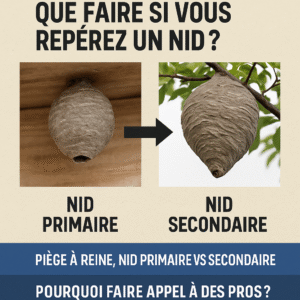 Comparaison entre un nid primaire et un nid secondaire de frelon, illustration éducative pour identifier le danger et agir en sécurité.
