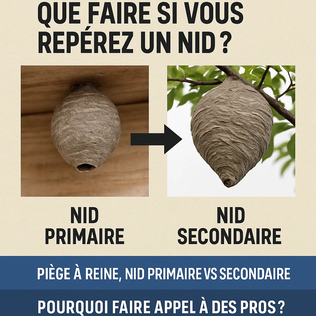Comparaison entre un nid primaire et un nid secondaire de frelon, illustration éducative pour identifier le danger et agir en sécurité.